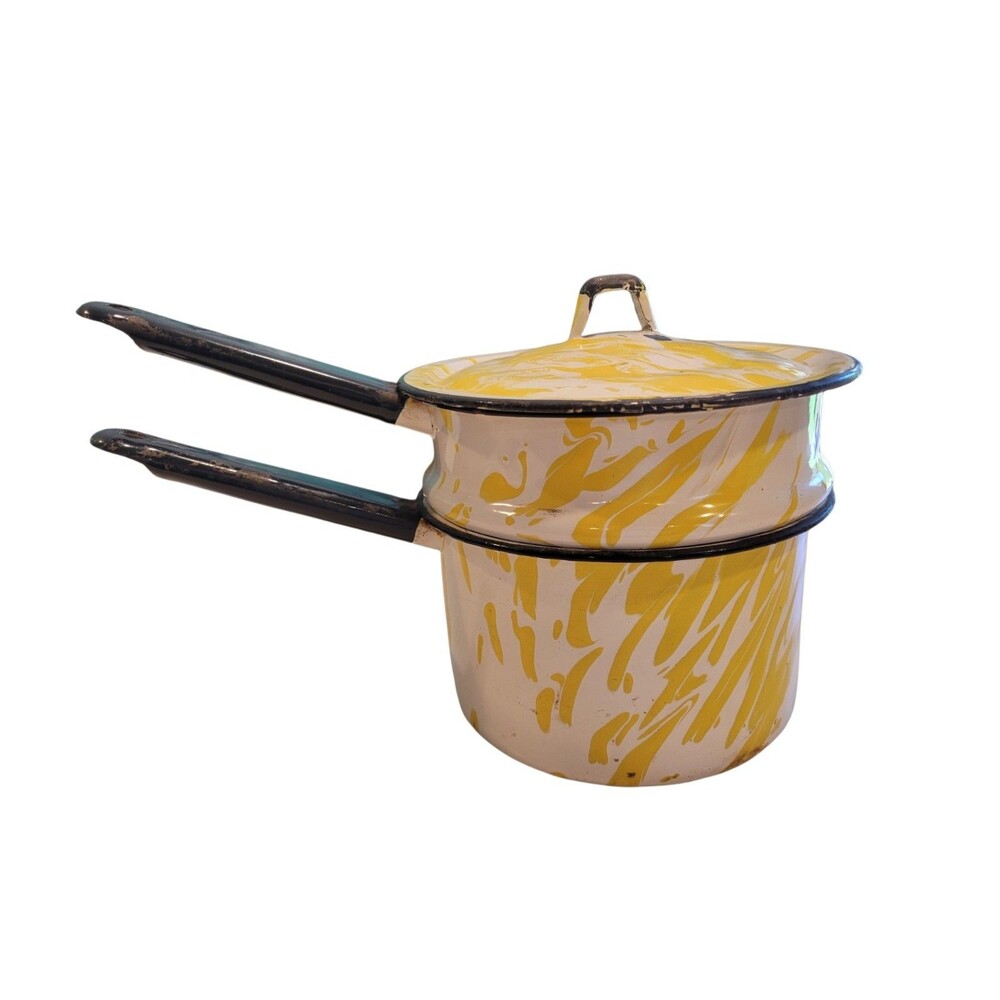 Vintage Enamel Double Boiler Yellow Splatter Lid Saucepan